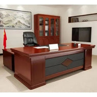 An executive L-shape office desk set featuring a double pedestal bow front desk, a double pedestal credenza and hutch, and a lateral file, all in a rich brown wood finish and black trim.