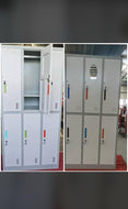 Two sets of gray lockers with various colored labels on a dark background