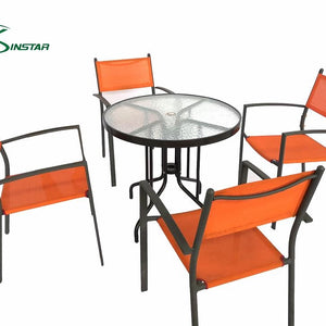 Glass table Outdoor dining set with orange chiars