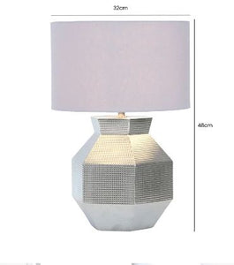 Silver Ceramic Hexagon Table Lamp with Grey Linen Shade