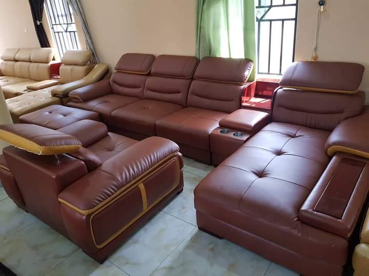 Maroon leather sectional sofa set