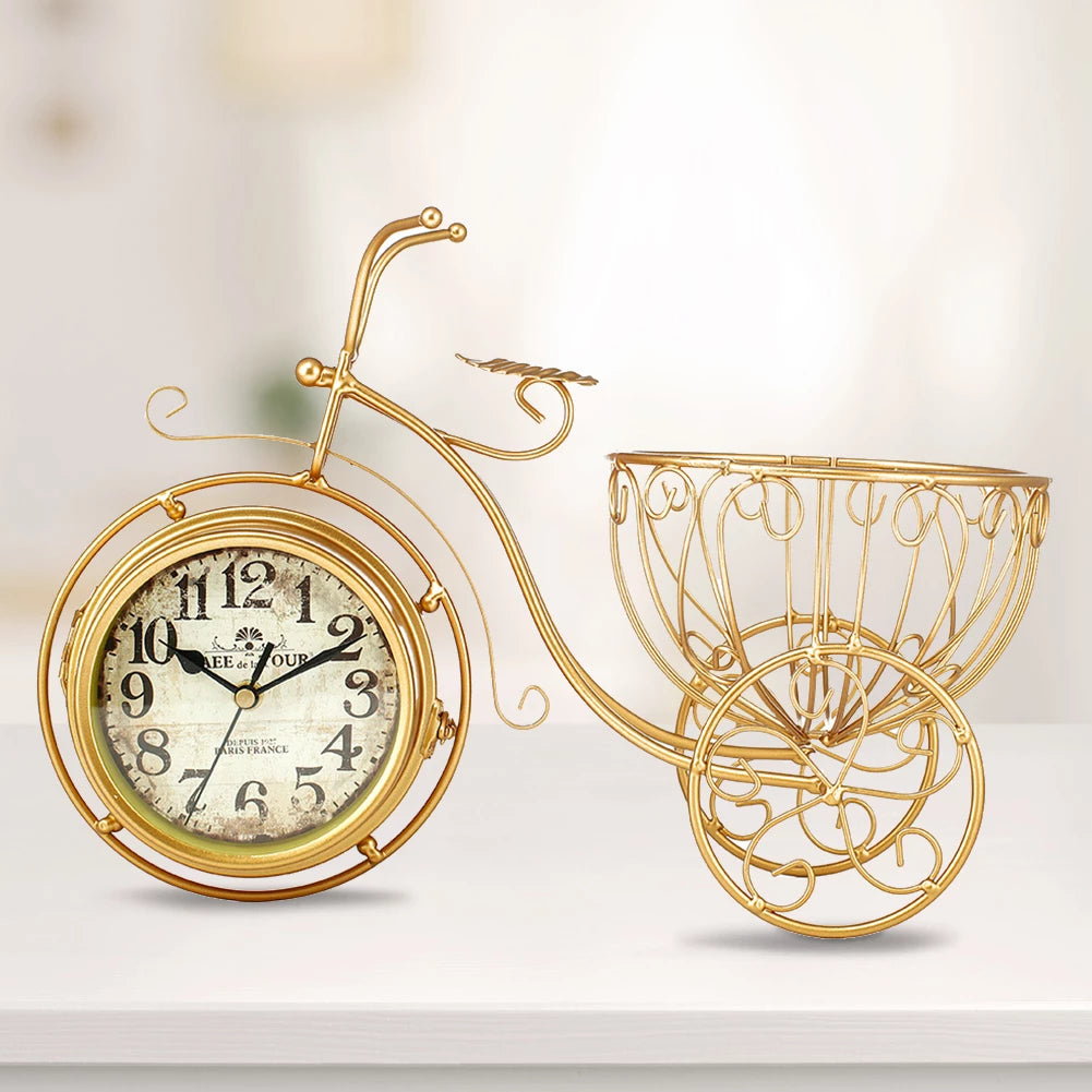 Desk Clock Modern Creative Pastoral Design Double-Sided Tricycle Flower Basket Home Decor Table Clock