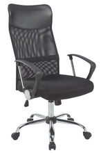 Load image into Gallery viewer, An ergonomic office chair with a combination of black mesh and fabric, featuring unique triangular-shaped armrests, and a five-point wheeled base.
