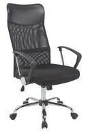 An ergonomic office chair with a combination of black mesh and fabric, featuring unique triangular-shaped armrests, and a five-point wheeled base.