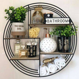 Round Metal Wall Mount Display Organizer Holder, 4 Shelf - to Store and Show Off Small Collectibles, Figurines, Mugs, Succulent Plants - Black/Natural