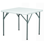 A 3ft square foldable plastic table with a white top and gray steel frame and legs.