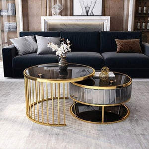 Modern luxury stainless steel 2 piece toughened glass center table