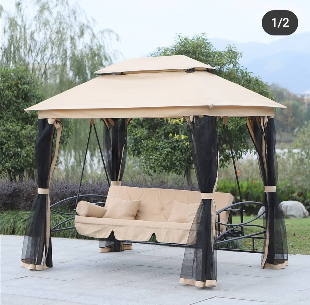 Outsunny 3 Person Outdoor Patio Swing Chair Bench Daybed Gazebo with Double Tier Canopy, Cushioned Seat,