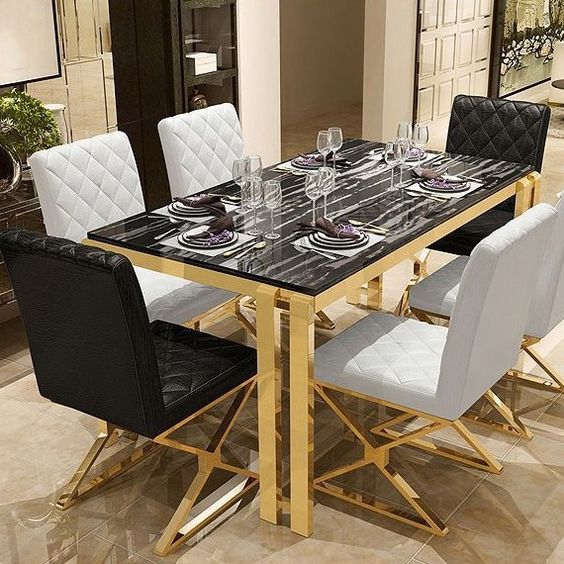marble dining table with leather chairs